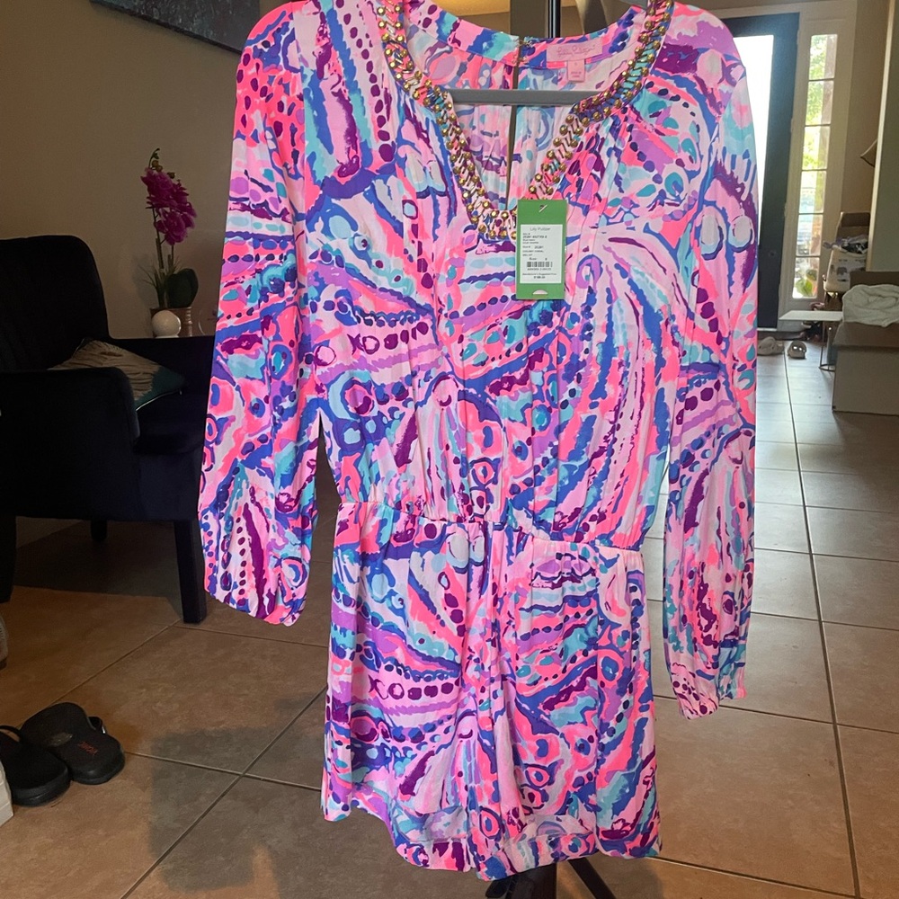 Lilly Pulitzer Womens Colony Coral Shell Out Colby Pink Blue Print Romper NWT